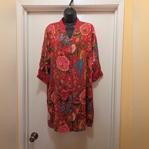Tunic style top with 3/4 sleeves red with floral design by Beleza Indiana sz L